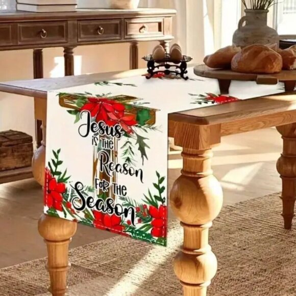 Christmas Poinsettia and Cross Table Runner Linen Look NWT - Picture 2 of 4